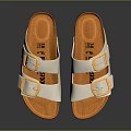 White Upper Double Strap Slippers With Golden Buckles And Orange Cork Sole For Daily Use