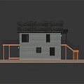 Two Story House With Gray Roof Large Windows And Wooden Balcony On Green Lawn
