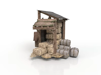 Rustic Wooden Shed Structure With Sloped Roof And Stacked Hay Bales 3d model