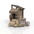 Rustic Wooden Shed Structure With Sloped Roof And Stacked Hay Bales