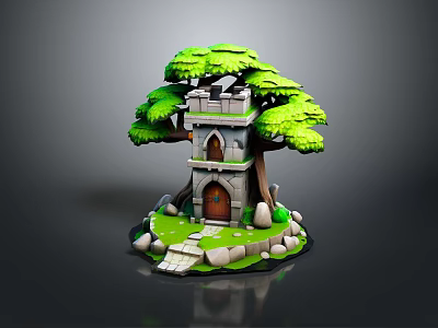 Enchanting Tree Tower Building With Green Foliage Stone Path And Wooden Door 3d model