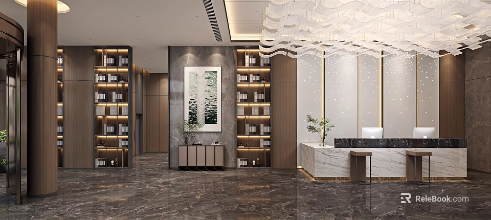 Modern Hotel Lobby Interior Design With Wooden Bookshelves And Marble Reception Desk 3d model 