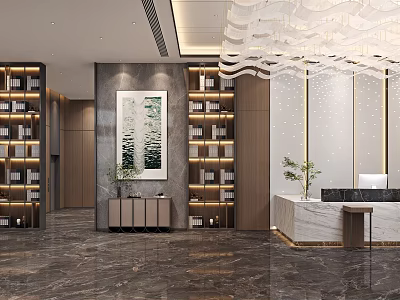 Modern Hotel Lobby Interior Design With Wooden Bookshelves And Marble Reception Desk 3d model