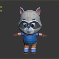 Cute 3D Cartoon Raccoon Game Character With Red Ears Blue Shirt And Orange Shorts