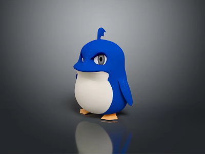 Cute Blue Cartoon Penguin Toy With White Belly And Orange Feet On Reflective Gray Background 3d model