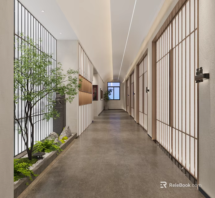 Modern Elevator Hallway Interior With Wooden Lattice Doors Green Plants And Natural Light From Window 3d model 