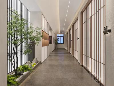 Modern Elevator Hallway Interior With Wooden Lattice Doors Green Plants And Natural Light From Window 3d model
