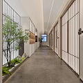 Modern Elevator Hallway Interior With Wooden Lattice Doors Green Plants And Natural Light From Window