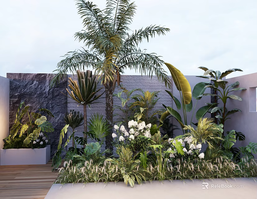 Tropical Garden Landscape With Palm Tree Various Plants White Flowers Marble Wall And Wooden Deck 3d model 