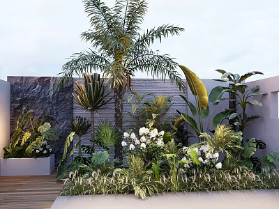Tropical Garden Landscape With Palm Tree Various Plants White Flowers Marble Wall And Wooden Deck 3d model
