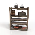 Rustic Wooden Shelf With Multi Layers Storage Baskets Barrel Box And Red Fruits