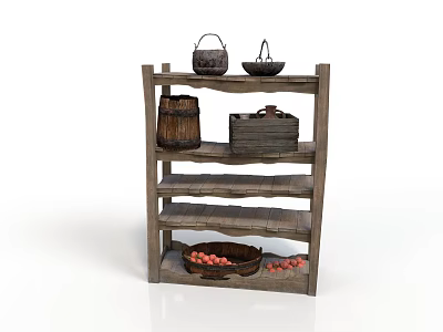 Rustic Wooden Shelf With Multi Layers Storage Baskets Barrel Box And Red Fruits 3d model