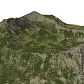 Group of People Hiking Through Mountainous Terrain With Green Slopes and Rocky Peaks