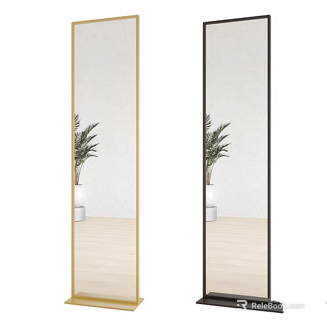 Modern Full Length Mirrors With Gold And Black Frames And Potted Palm Plant 3d model 