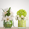 Glass Vases With White Lilies Roses And Green Decorative Elements On Wooden Surface