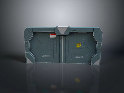 Heavy Duty Dark Metallic Gate With Geometric Panels Yellow Warning Labels And Textured Surface 3d model