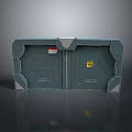 Heavy Duty Dark Metallic Gate With Geometric Panels Yellow Warning Labels And Textured Surface