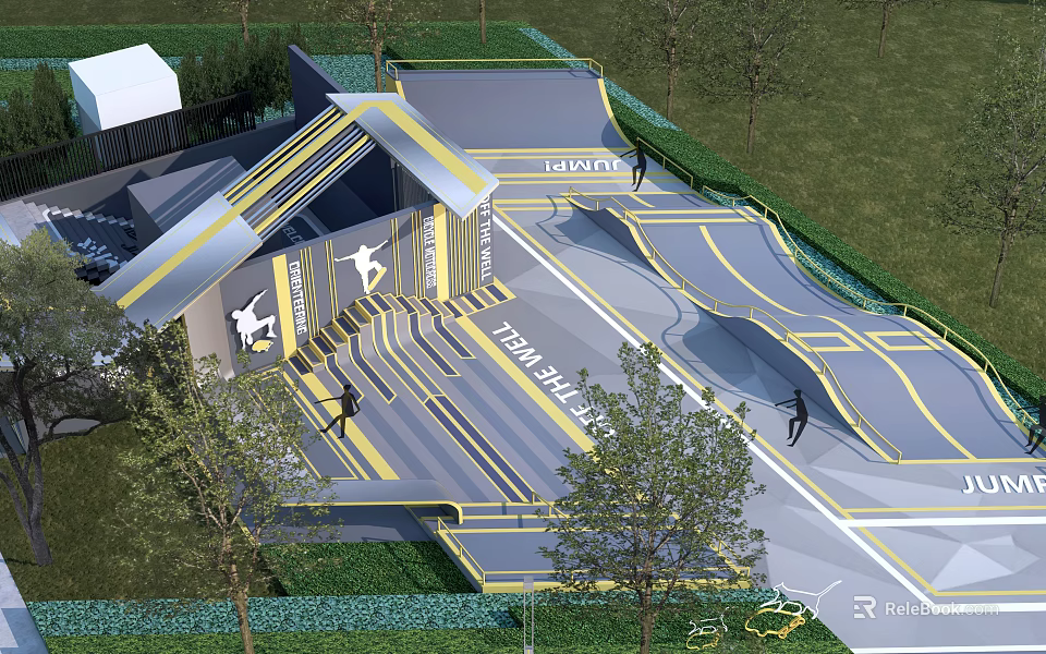 Park Landscape With Modern Skate Park Skate Ramps People Skateboarding Green Grass And Trees 3d model 