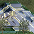 Park Landscape With Modern Skate Park Skate Ramps People Skateboarding Green Grass And Trees