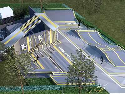 Park Landscape With Modern Skate Park Skate Ramps People Skateboarding Green Grass And Trees 3d model