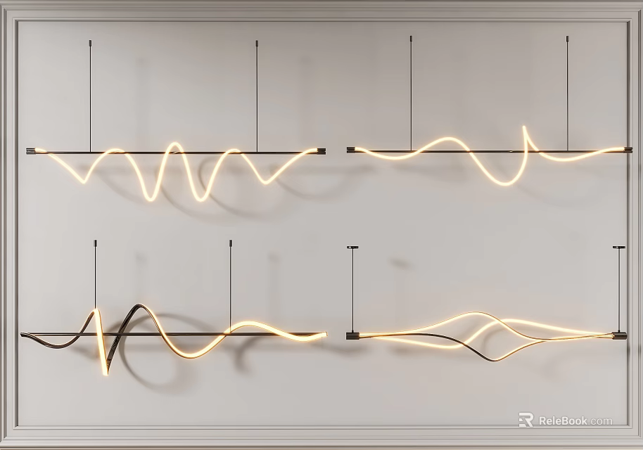 Modern Wavy Chandeliers Mounted On White Wall With Warm Light Design 3d model 