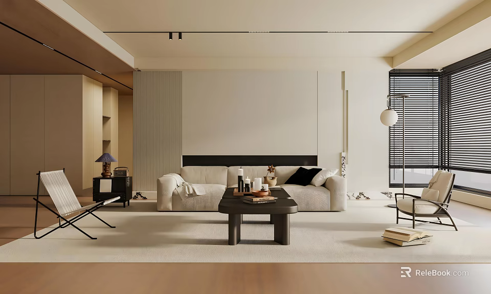 Modern Minimalist Living Room Interior With Beige Sofa Black Coffee Table And Window Blinds 3d model 