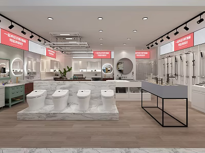 Modern Bathroom Specialty Store Interior With Toilets Sinks And Display Counters 3d model