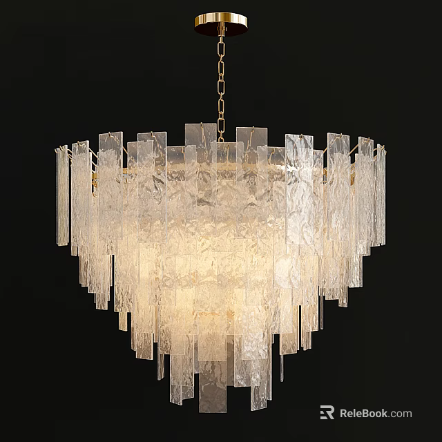 Elegant Transparent Glass Chandelier Hanging From Gold Chain With Illuminated Warm Light 3d model 