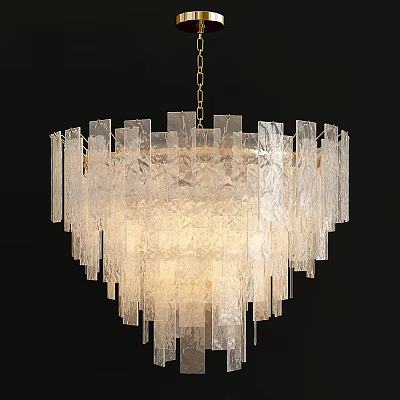 Elegant Transparent Glass Chandelier Hanging From Gold Chain With Illuminated Warm Light 3d model