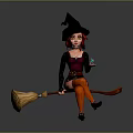 Woman With Red Hair Wearing Black Witch Hat Sitting On Broomstick Holding Blue Magical Object