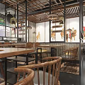 Modern Traditional Hotpot Restaurant Interior With Wooden Decor Pendant Lights And Dining Tables