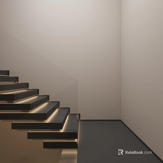 Modern Staircase Design With Black Steps Under Step Lighting And Light Colored Walls 3d model