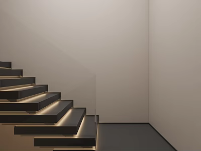 Modern Staircase Design With Black Steps Under Step Lighting And Light Colored Walls 3d model