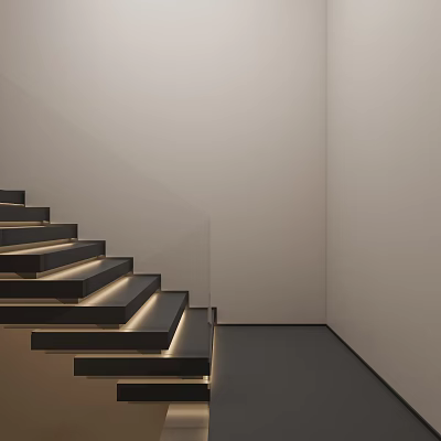 Modern Staircase Design With Black Steps Under Step Lighting And Light Colored Walls 3d model