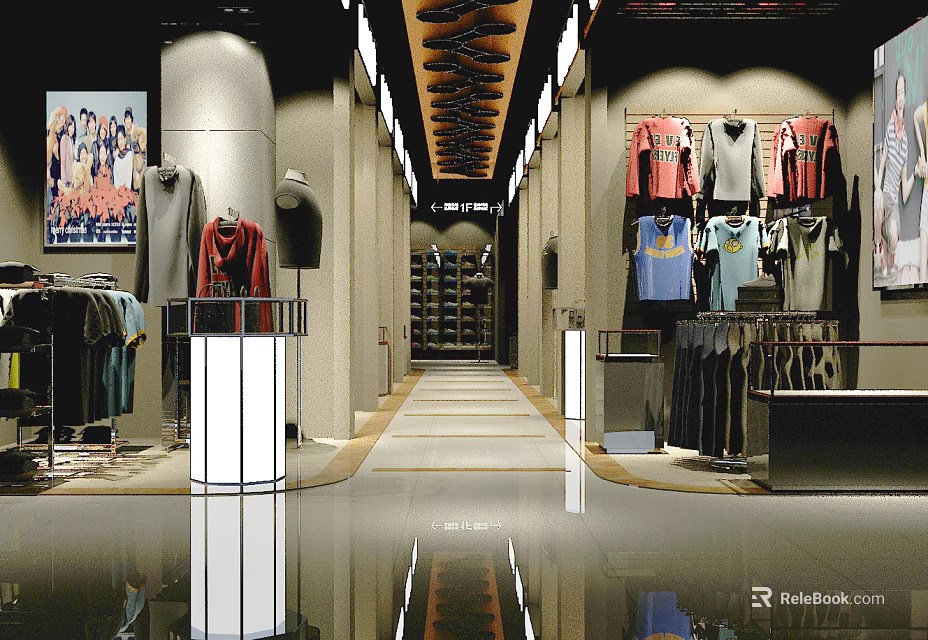 Modern Clothing Store Interior With Display Racks Tshirts Sweaters And Spacious Aisle 3d model 