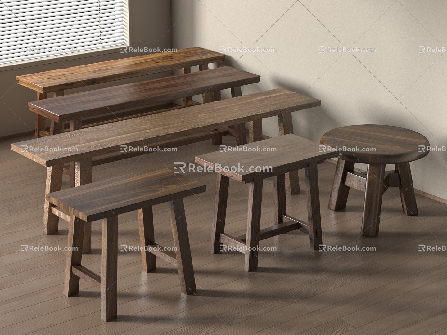 New Chinese Style Bench Solid Wood Stool Low Stool Bench 3d model