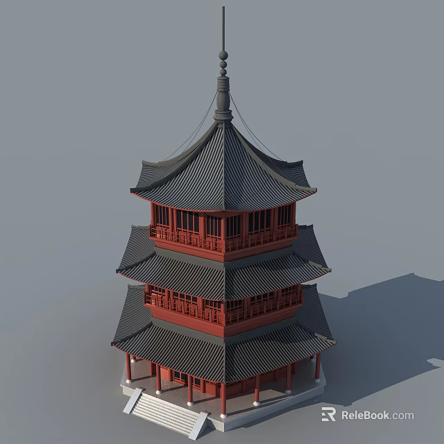 Traditional Chinese Multi Story Tower With Wooden Structure Red Pillars And Black Tiled Roof 3d model 