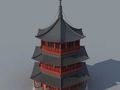 Traditional Chinese Multi Story Tower With Wooden Structure Red Pillars And Black Tiled Roof 3d model