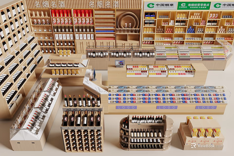 Tobacco And Liquor Store Interior With Neat Shelves Displaying Various Wines Spirits And Cigarettes 3d model 