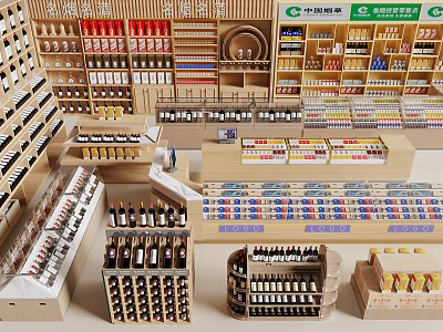 Tobacco And Liquor Store Interior With Neat Shelves Displaying Various Wines Spirits And Cigarettes 3d model