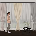Lightweight Neutral Curtains in Modern Bright Arch Window Room with Wooden Floor and Side Plant