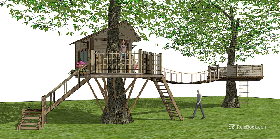 Cozy Wooden Tree House With Staircase Rope Bridge And Green Grass Surroundings 3d model 