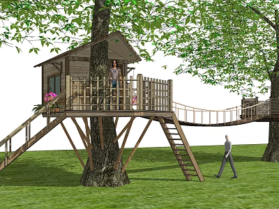 Cozy Wooden Tree House With Staircase Rope Bridge And Green Grass Surroundings 3d model