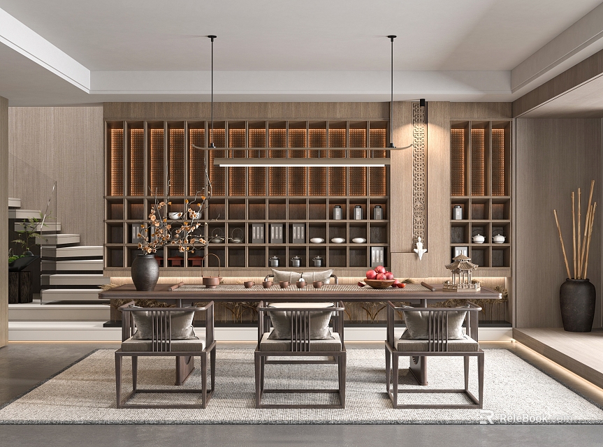 Traditional Tea Room Interior With Wooden Shelves Tea Sets And Decorative Lighting 3d model 