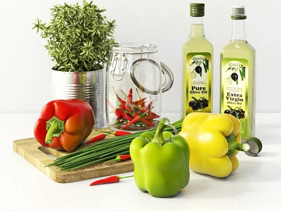 Fresh Colorful Vegetables with Bell Peppers Chili Onions and Rosemary on Wooden Board 3d model