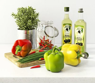 Fresh Colorful Vegetables with Bell Peppers Chili Onions and Rosemary on Wooden Board 3d model