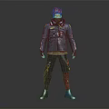 Red Haired Character Wearing Blue Jacket Black Pants and White Sneakers on Gray Background
