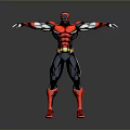 Superhero Character In Red Black Costume With Muscular Build And Extended Arms