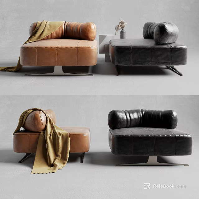 Modern Brown And Black Leather Single Seater Sofas With Stylish Throw Blanket Design 3d model