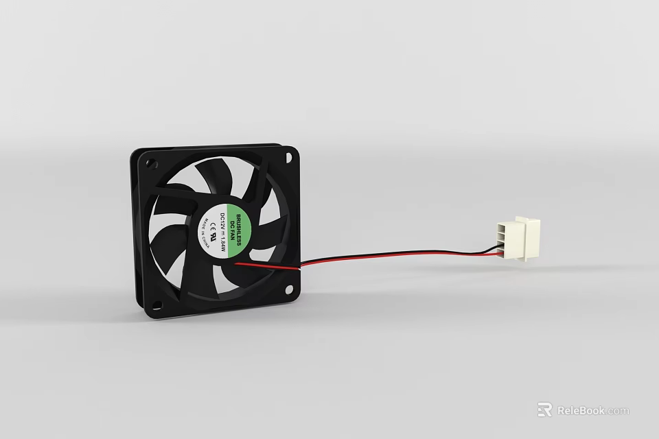 Computer Cooling Fan with Black Frame White Blades Green Label Red Cable and White Connector 3d model 